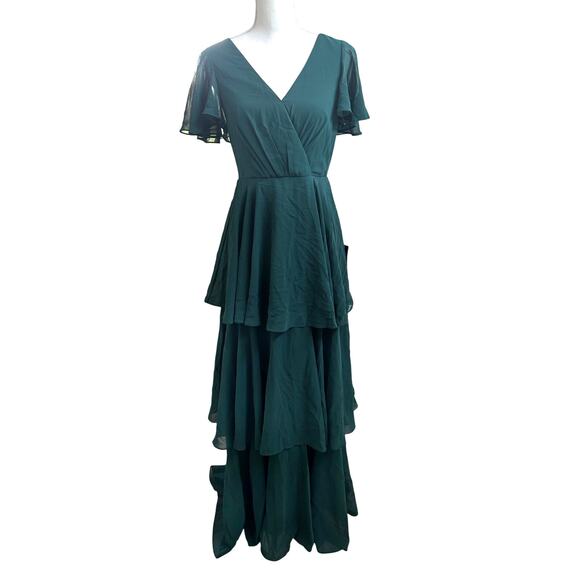LULUS Sincerely Exquisite Emerald Green Short Sleeve Tiered Maxi Dress-Size M - Picture 2 of 9